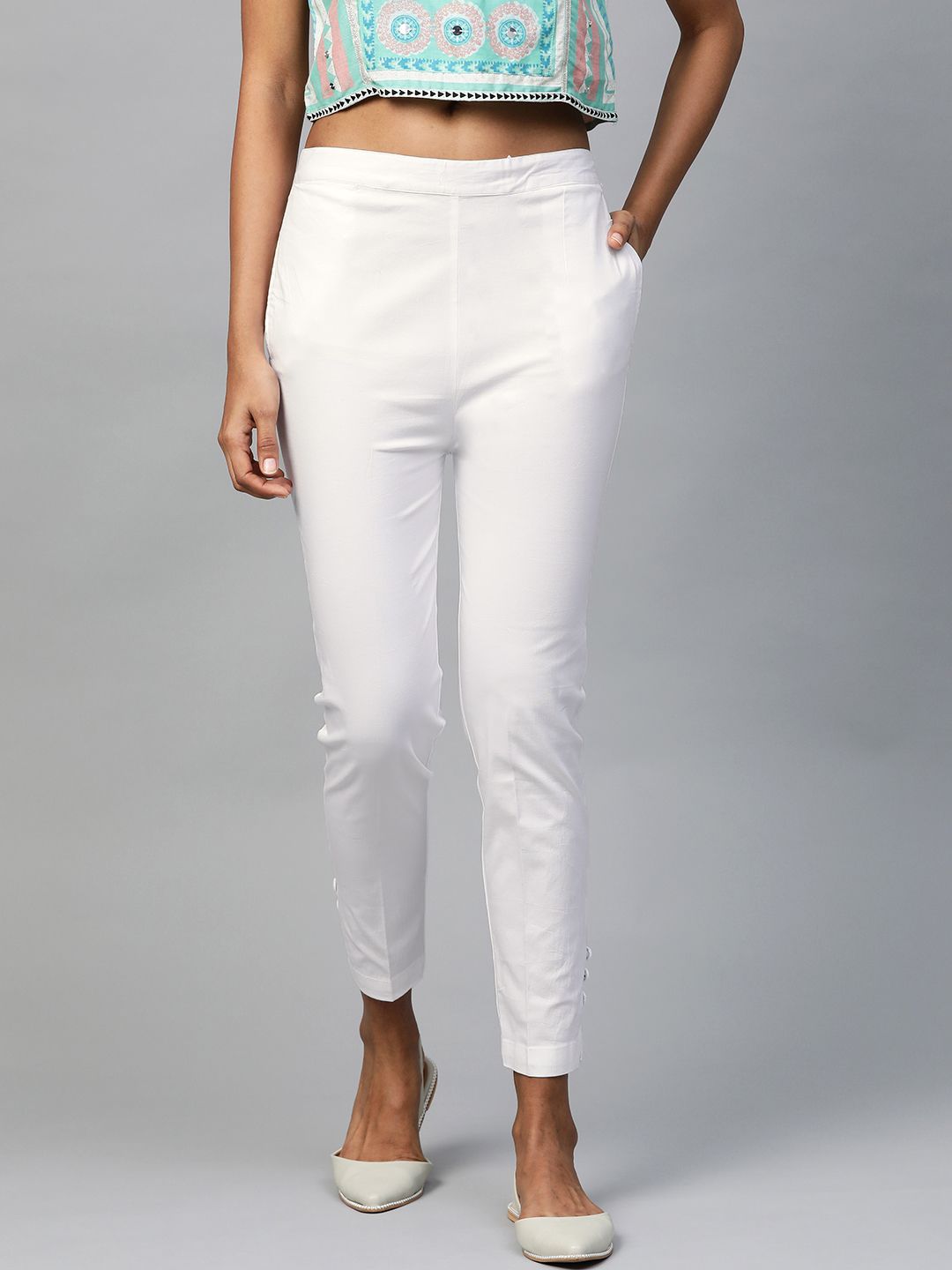 Myshka Women White Regular Fit Solid Cropped Trousers Price in India
