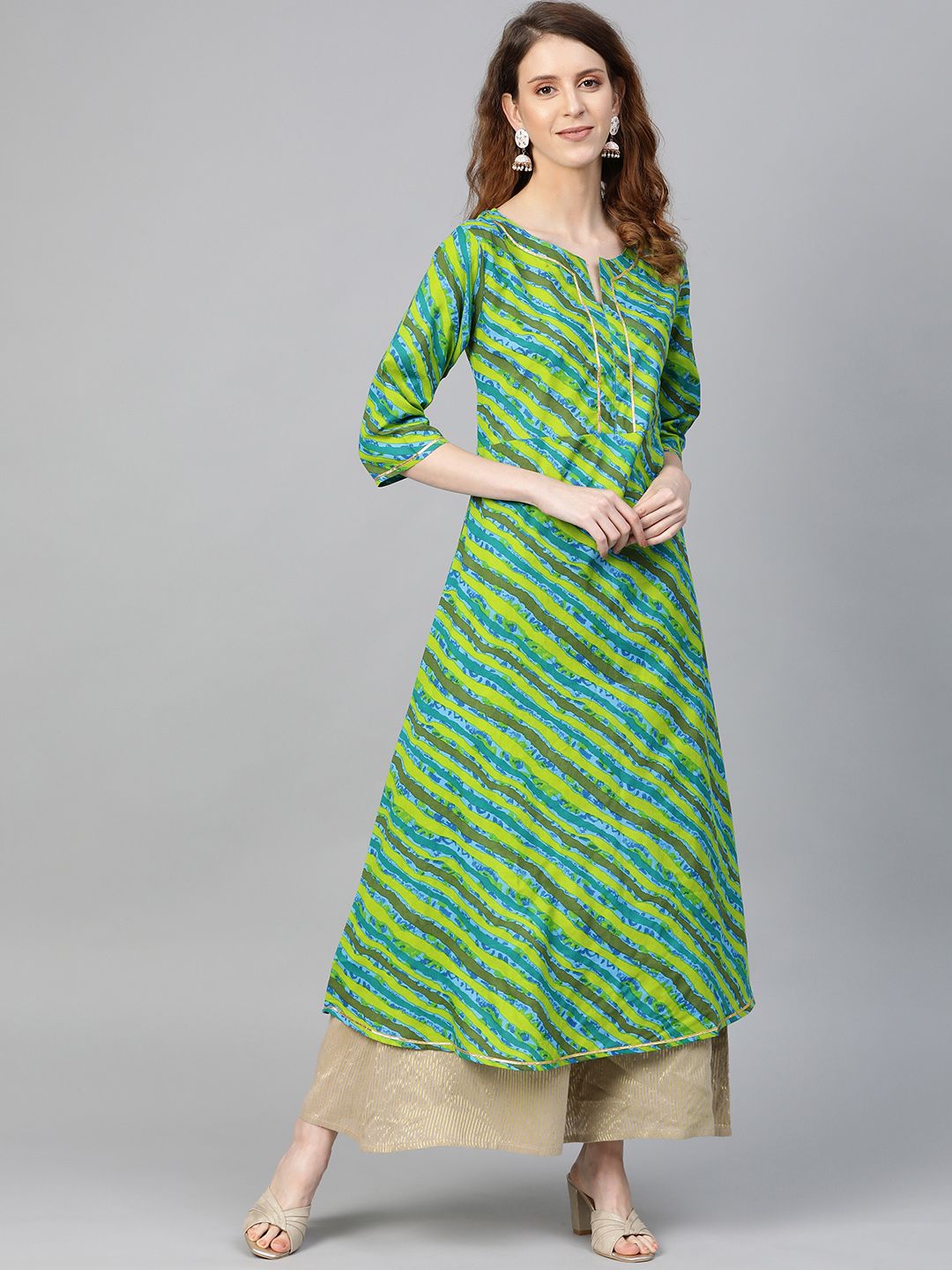 Myshka Women Green & Blue Leheriya Striped A-Line Kurta Price in India