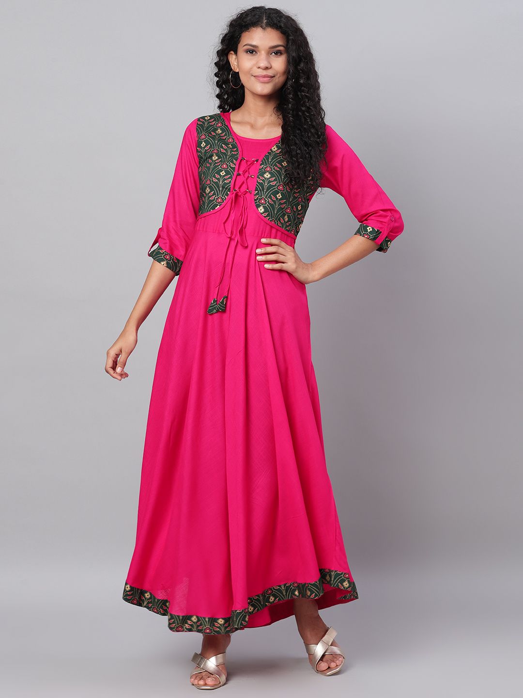 Myshka Women Magenta & Green Solid Asymmetric Layered Maxi Dress Price in India