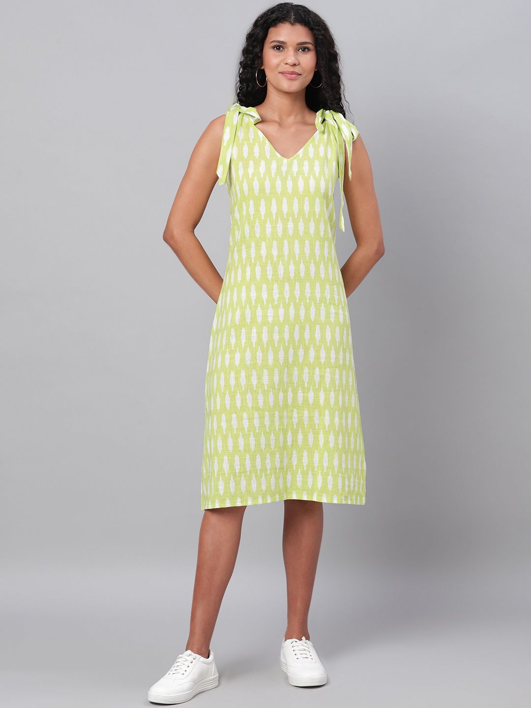 Myshka Women Lime Green & White Printed A-Line Dress Price in India