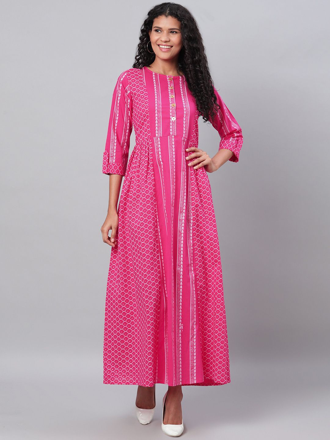 Myshka Women Pink & White Printed Maxi Dress Price in India