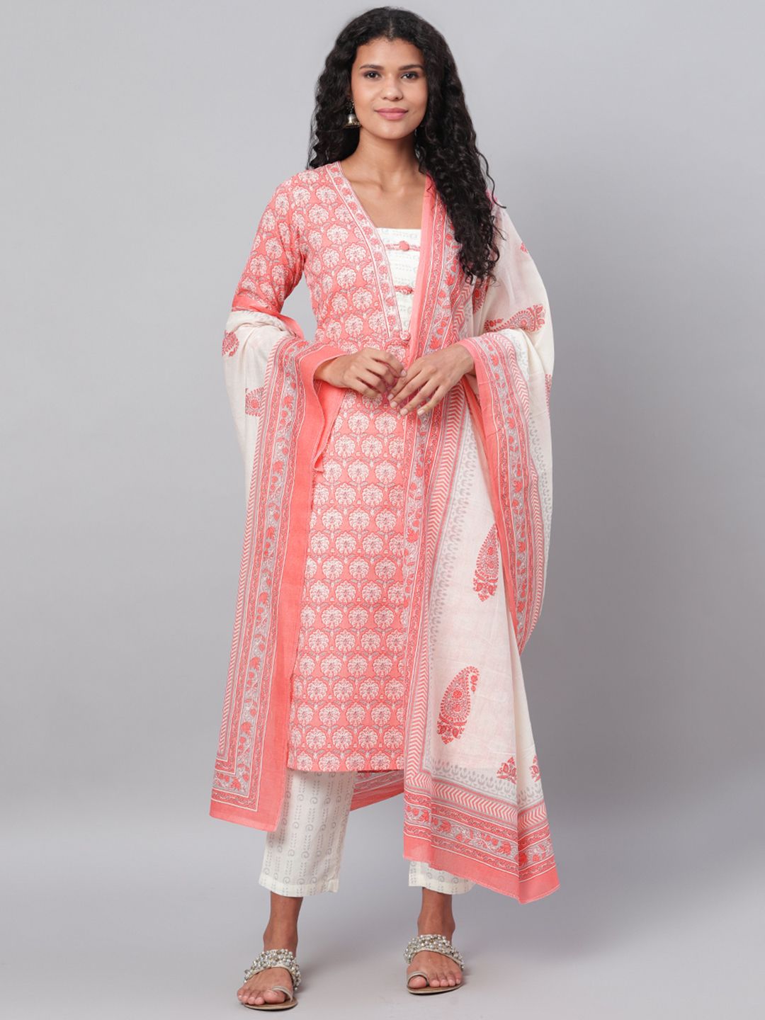 Myshka Women Coral Pink & Off-White Printed Kurta with Trousers & Dupatta