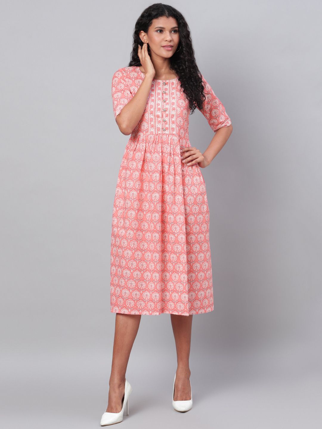 Myshka Women Pink & Off-White Printed A-Line Dress Price in India