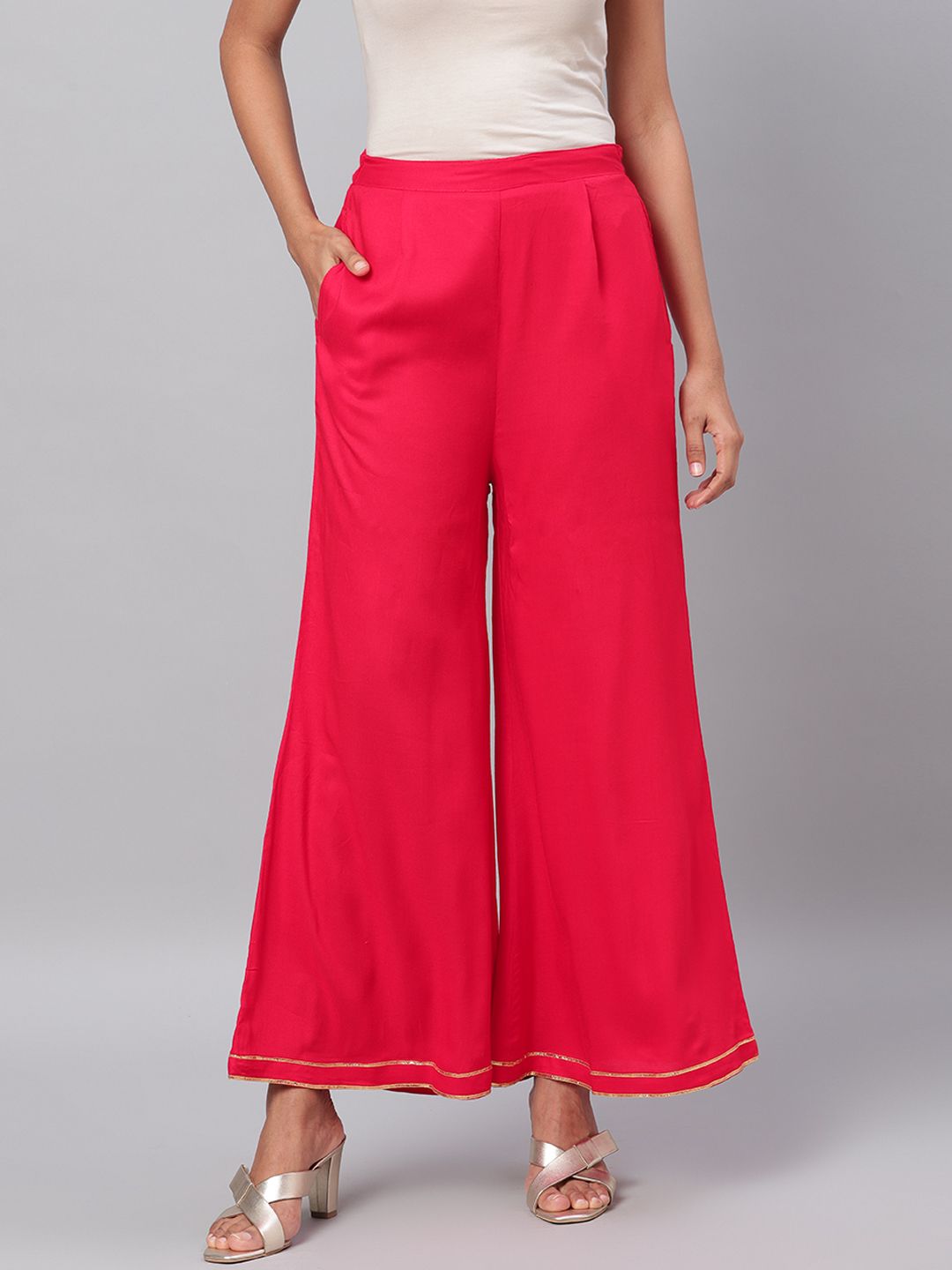 Myshka Women Red Solid Wide Leg Palazzos Price in India