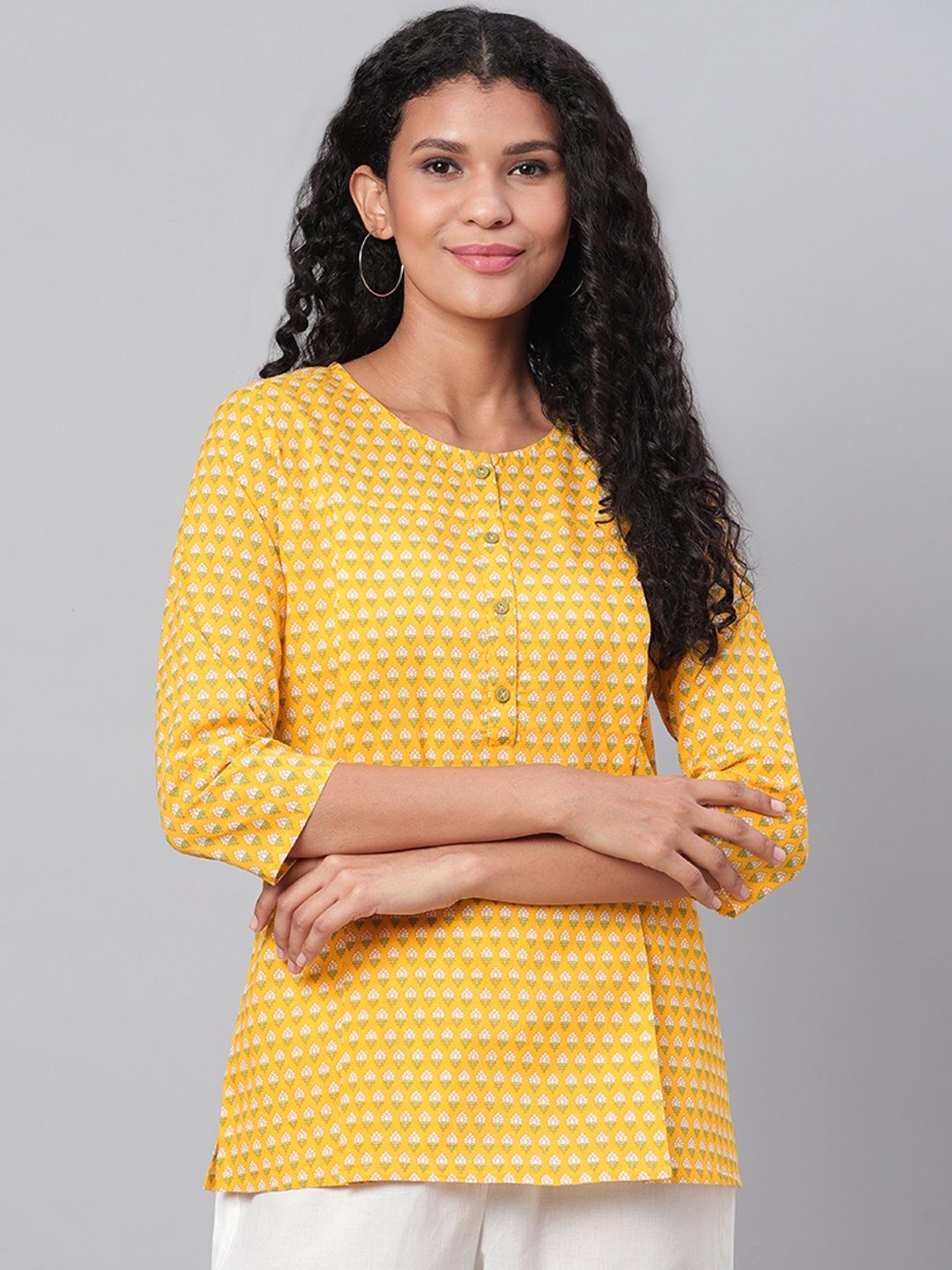 Myshka Women Yellow & White Printed Tunic Price in India