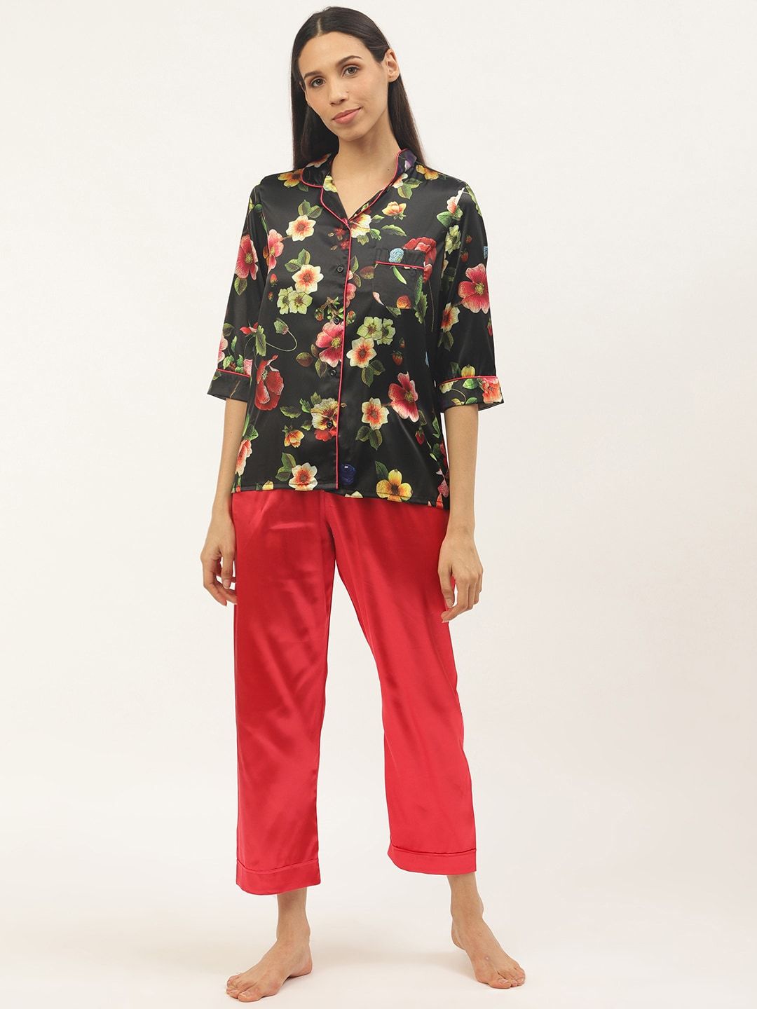 Sweet Dreams Women Black & Red Floral Print Night Suit with Satin Finish Price in India