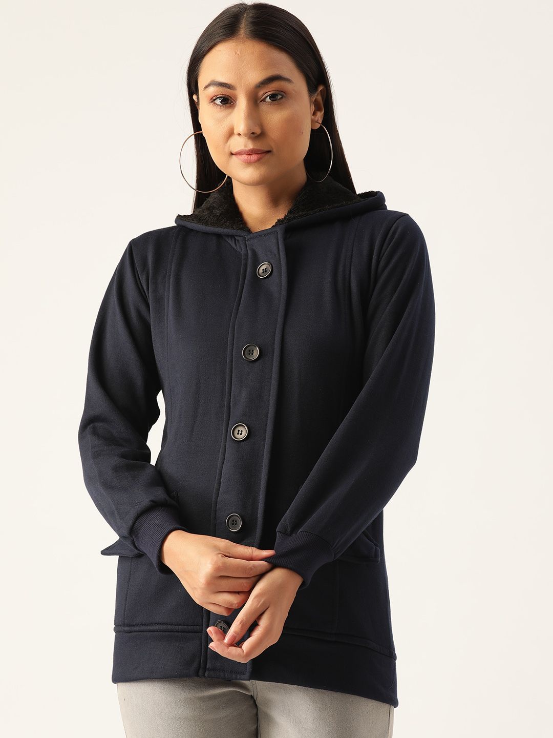 Belle Fille Women Navy Blue Solid Hooded Sweatshirt Price in India