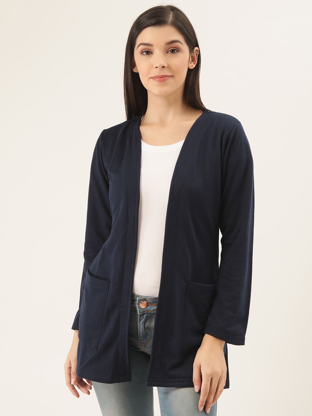 Belle Fille Women Navy Blue Solid Open Front Shrug Price in India