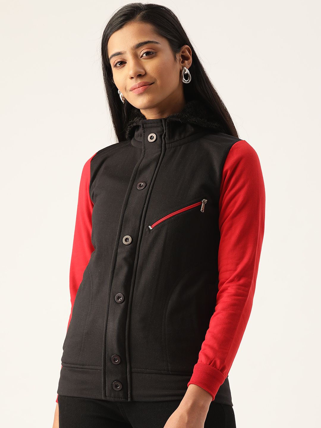Belle Fille Women Black & Red Solid Hooded Sweatshirt Price in India