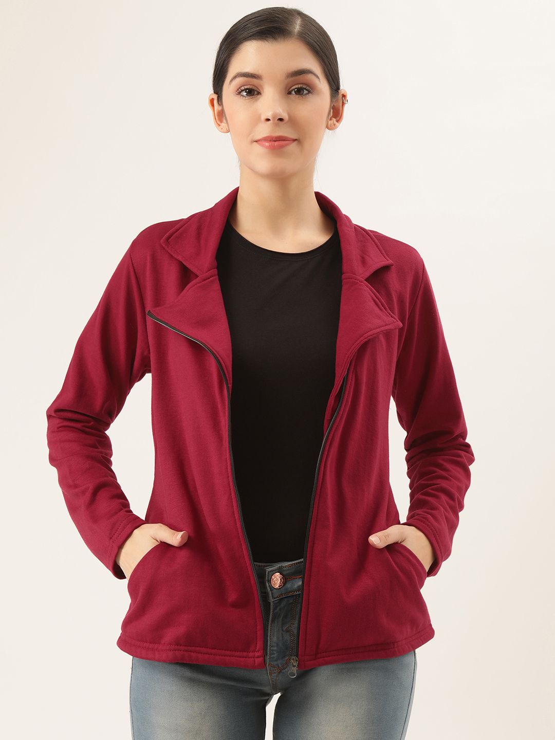 Belle Fille Women Burgundy Solid Asymmetric Closure Tailored Jacket Price in India