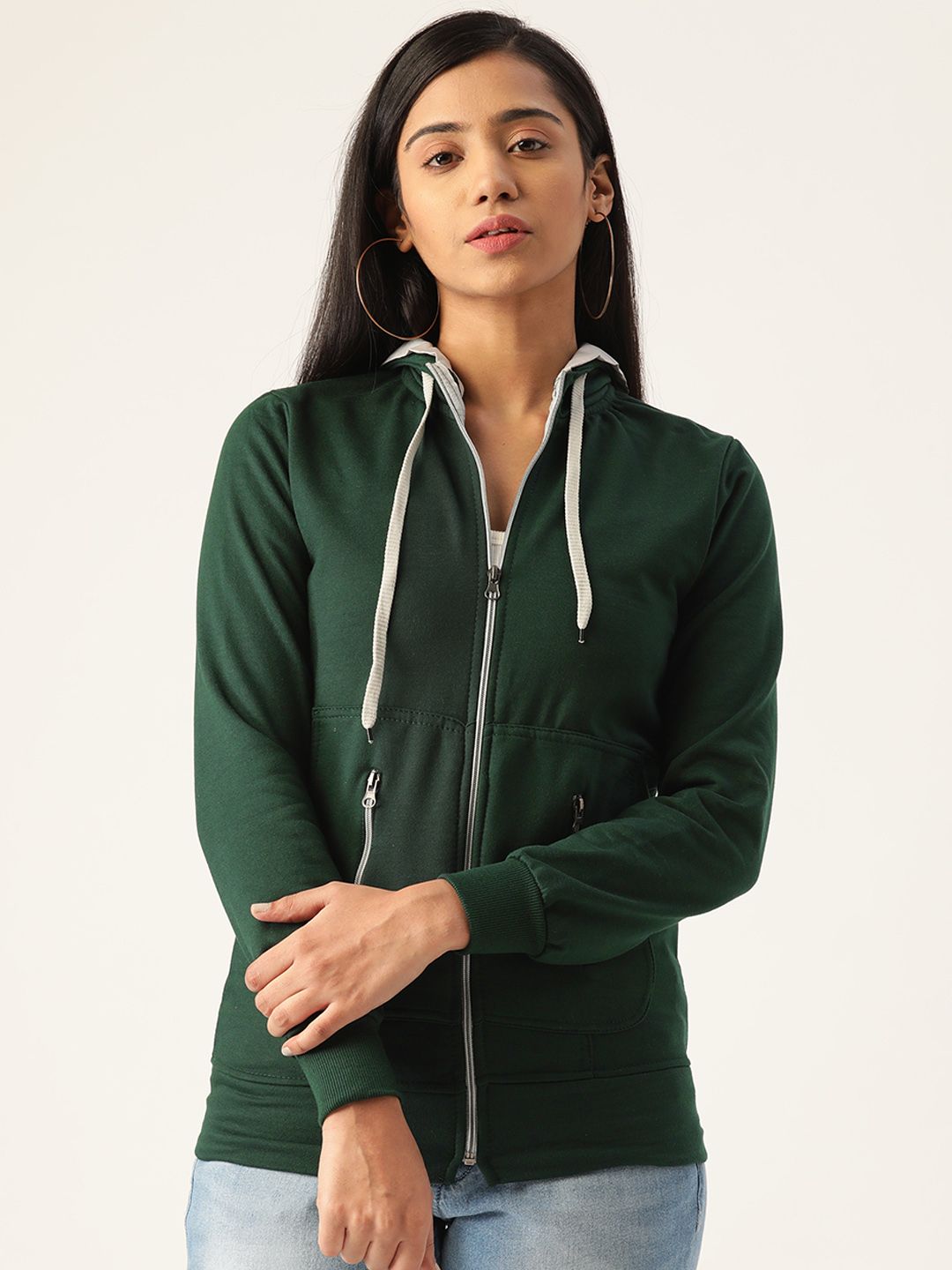 Belle Fille Women Green Solid Hooded Sweatshirt Price in India