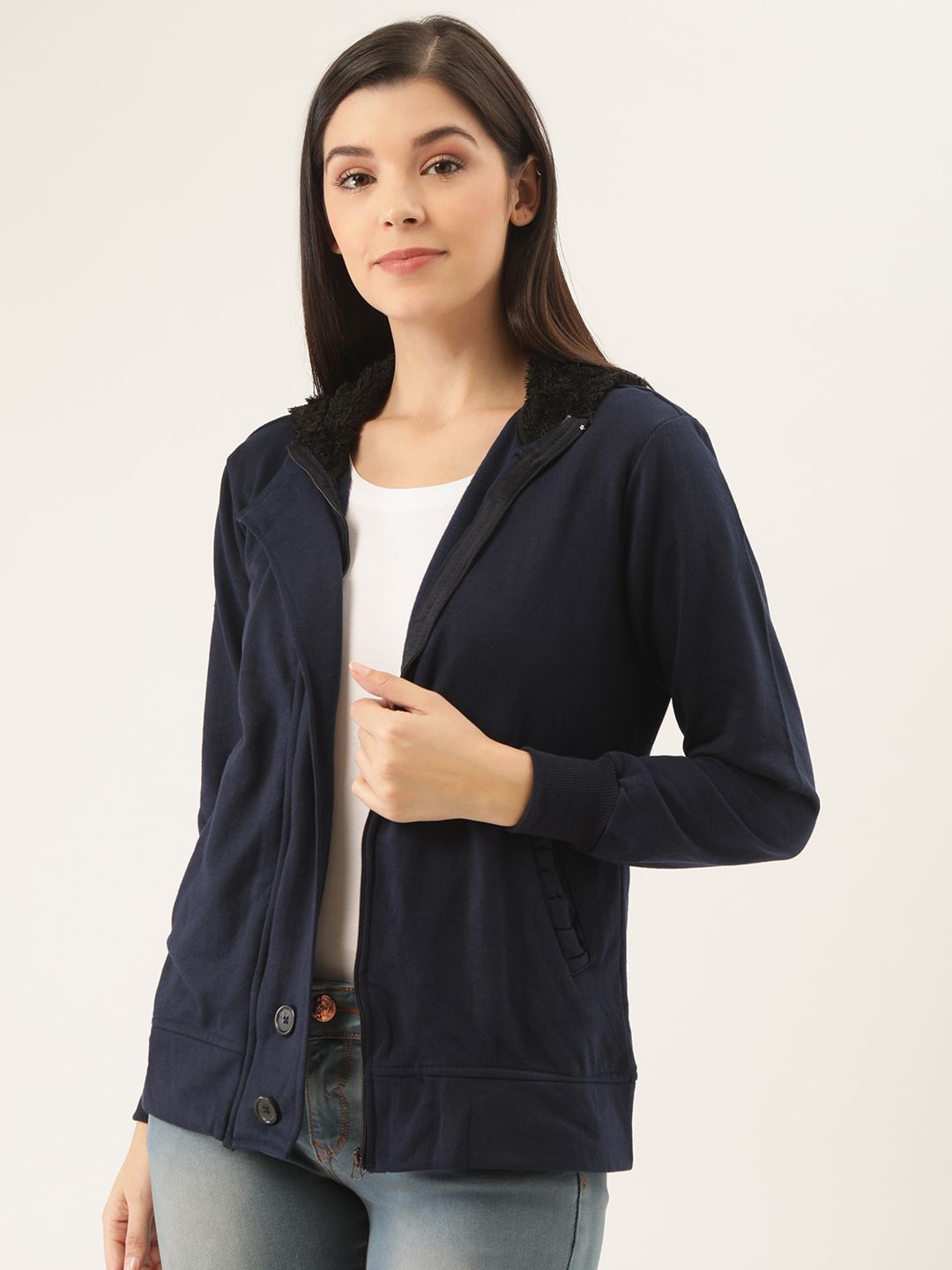Belle Fille Women Navy Blue Solid Tailored Hooded Jacket Price in India