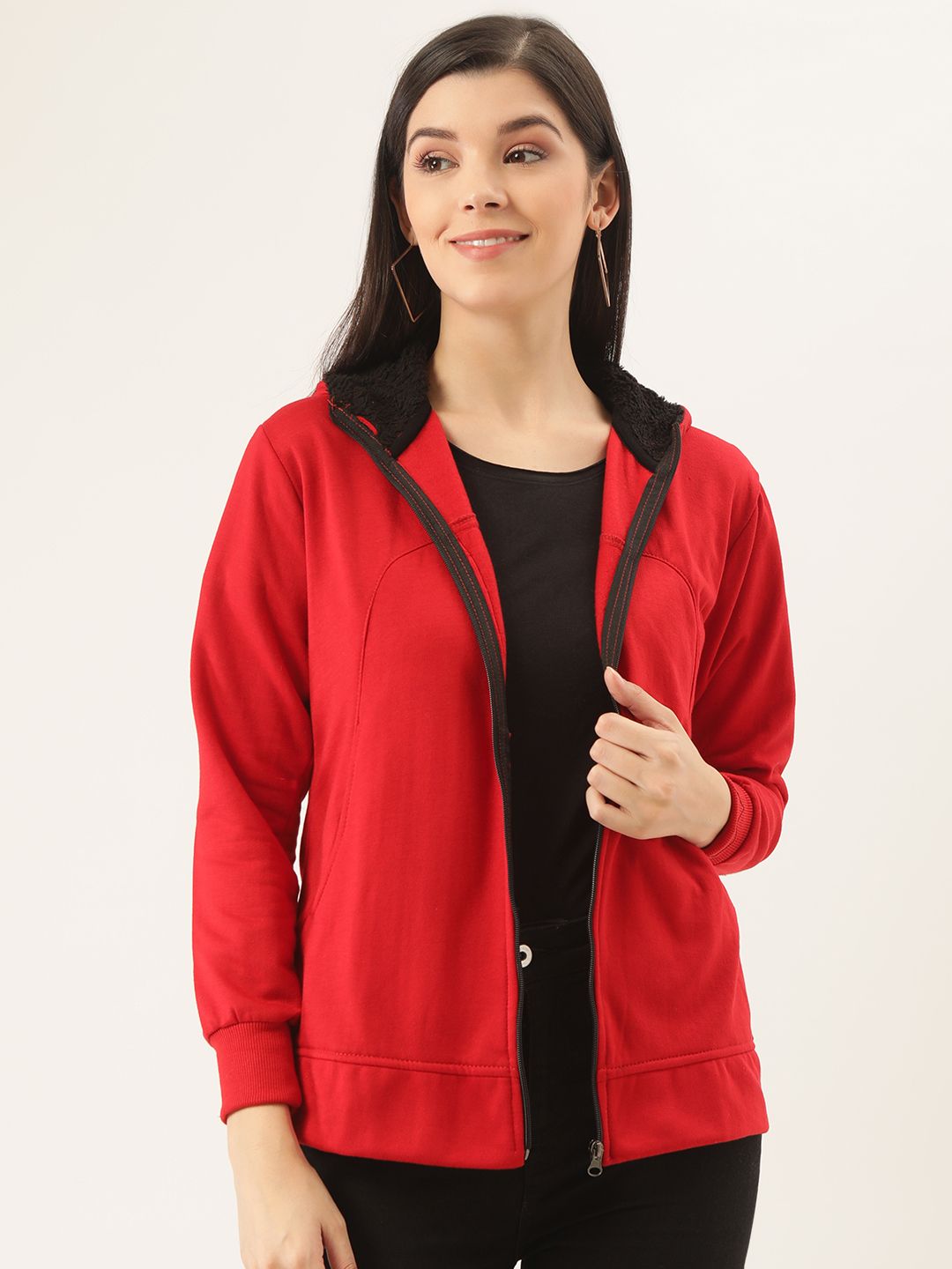 Belle Fille Women Red Solid Tailored Hooded Jacket Price in India