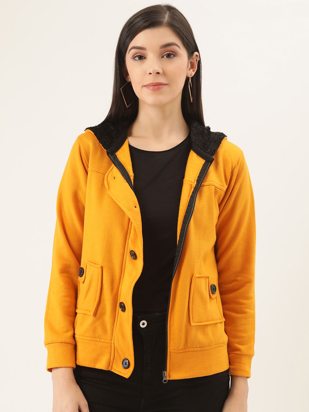 Belle Fille Women Mustard Yellow Solid Tailored Hooded Jacket Price in India