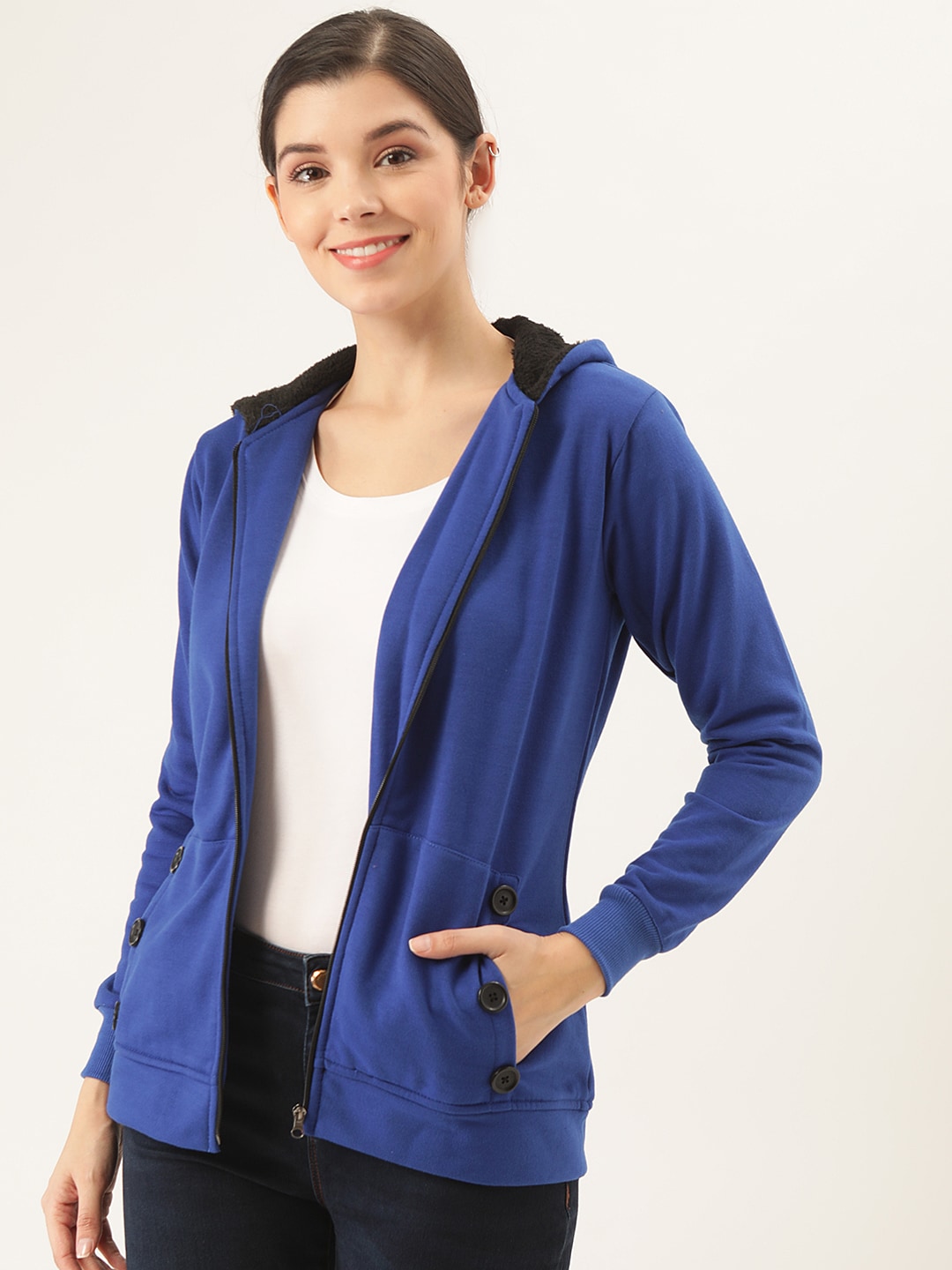 Belle Fille Women Blue Solid Tailored Hooded Jacket Price in India