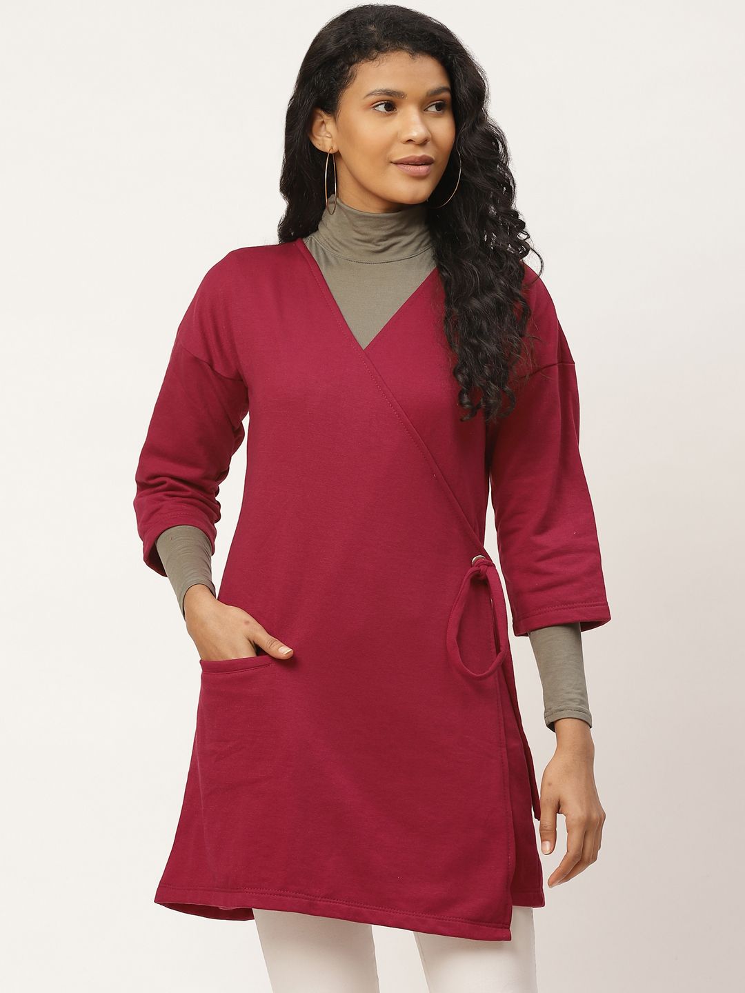 Belle Fille Women Maroon Solid Wrap Tie-Up Longline Shrug Price in India
