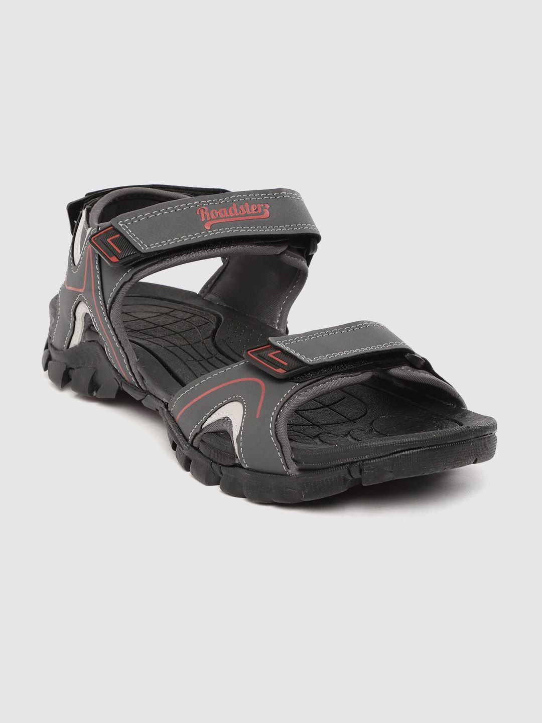 Roadster Men Charcoal Grey & Red Solid Sports Sandals