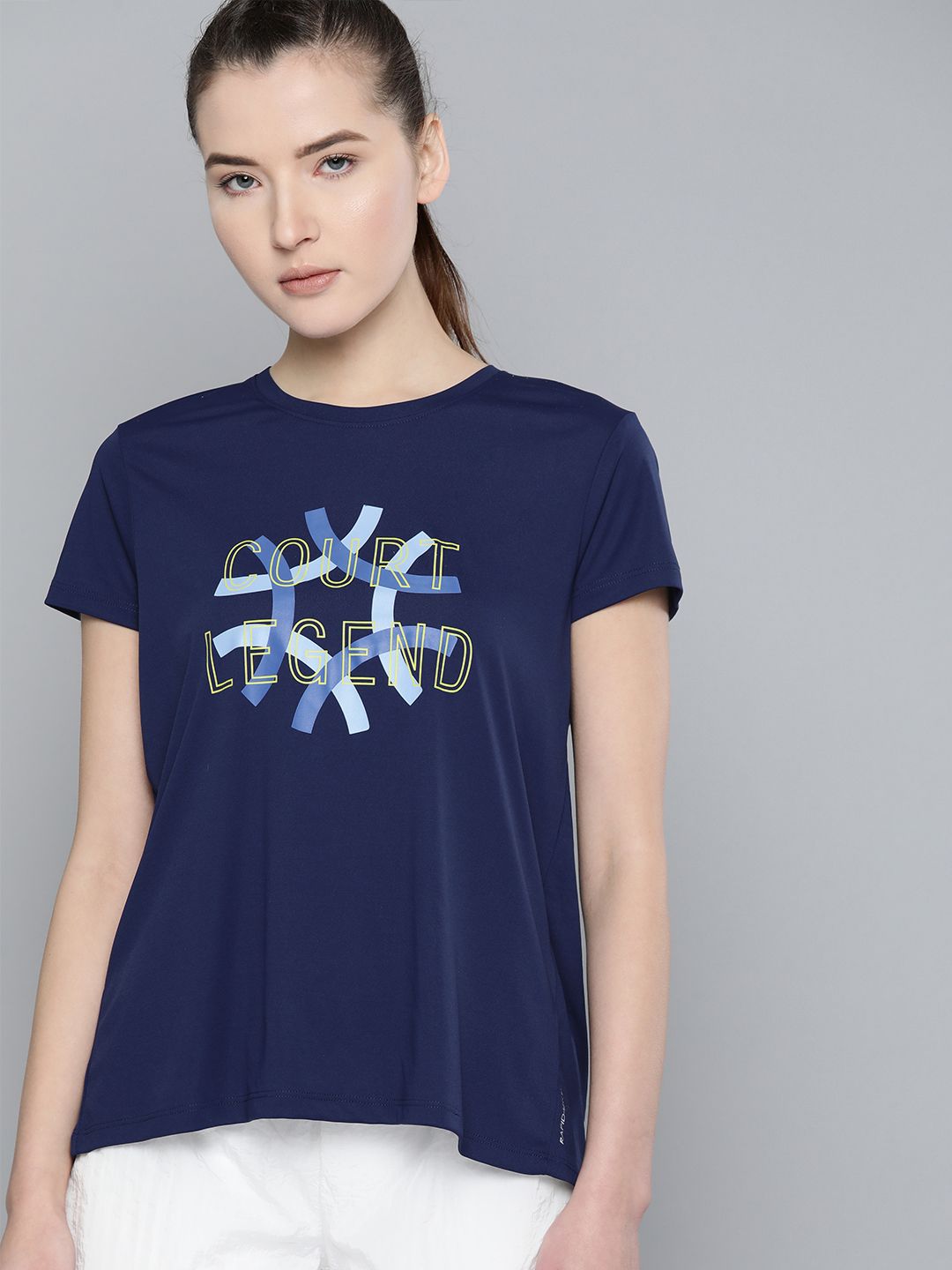 HRX by Hrithik Roshan Women Medieval Blue Solid Rapid-Dry Racket Sport T-shirt Price in India