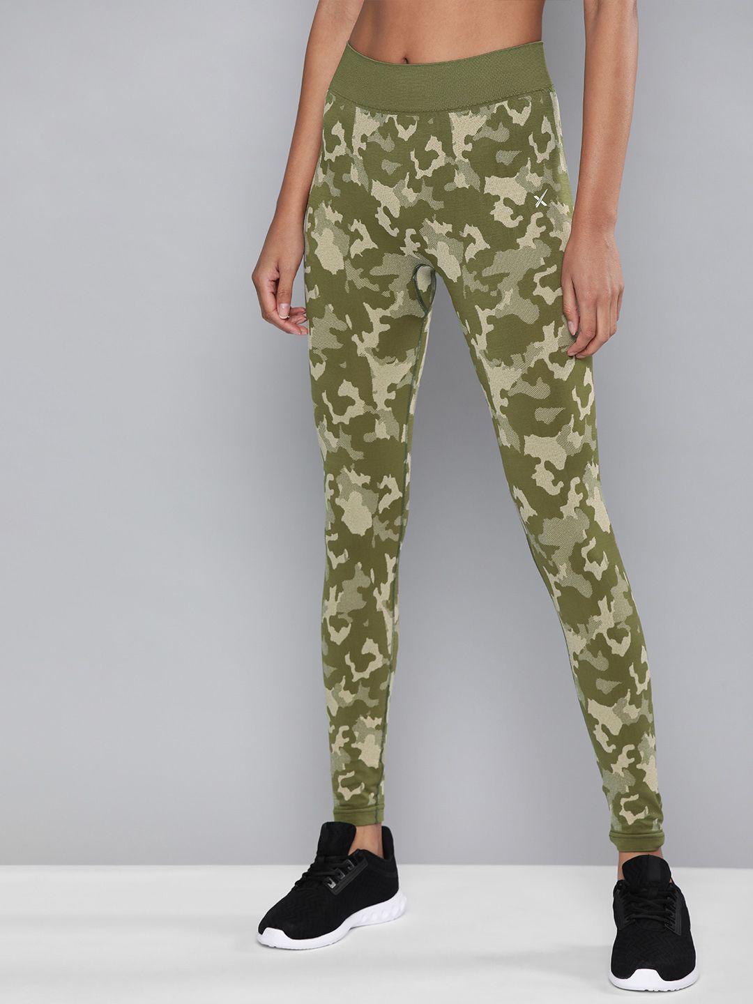 HRX by Hrithik Roshan Women Olive Green Camo Printed Rapid-Dry Running Tights Price in India