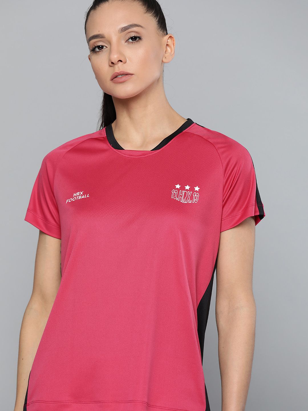 HRX by Hrithik Roshan Women Raspberry Sorbet Solid Rapid-Dry Football T-shirt Price in India