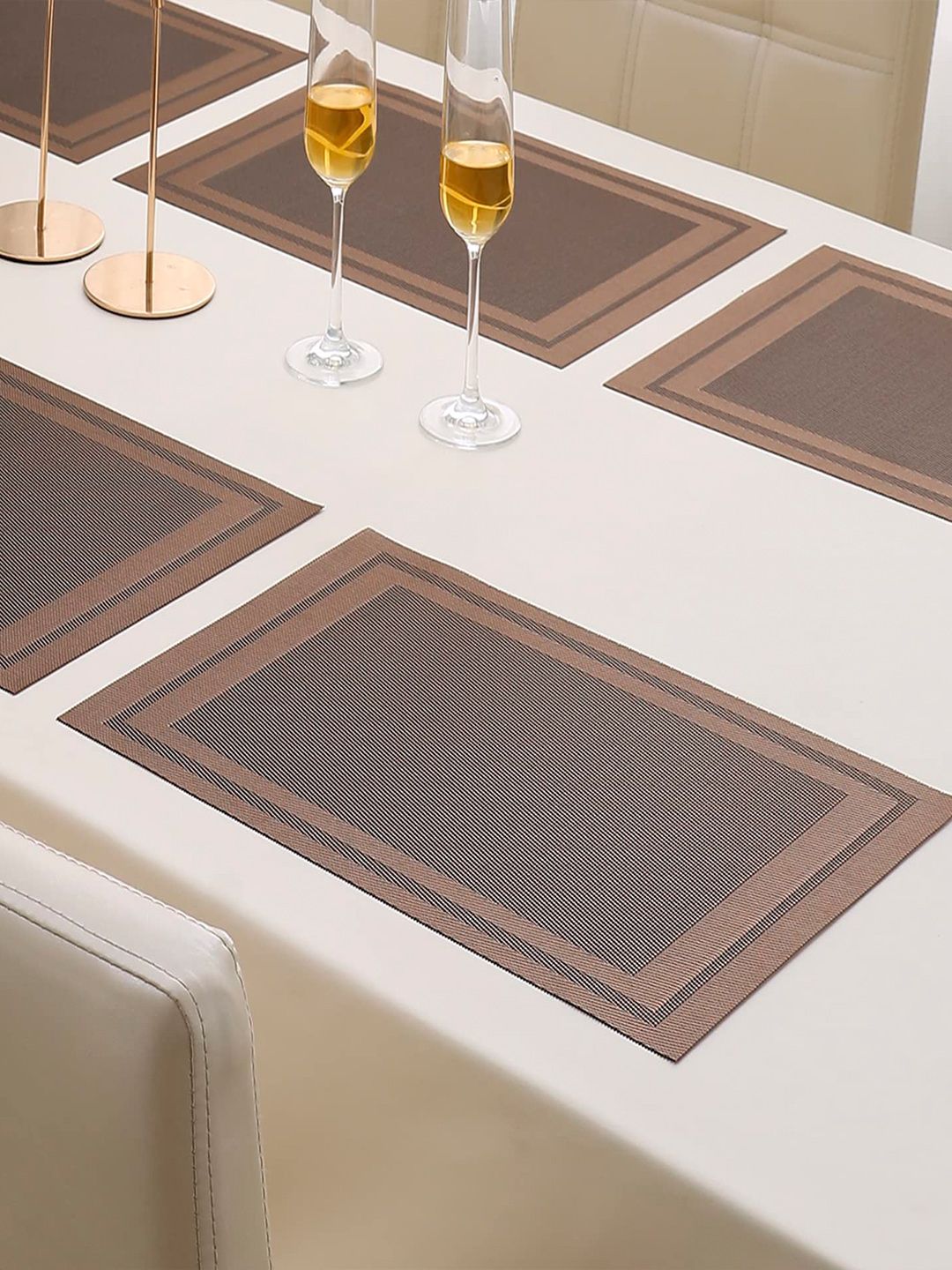 HOKIPO Brown Set Of 6 Colourblocked Reversible Table PVC Placemats