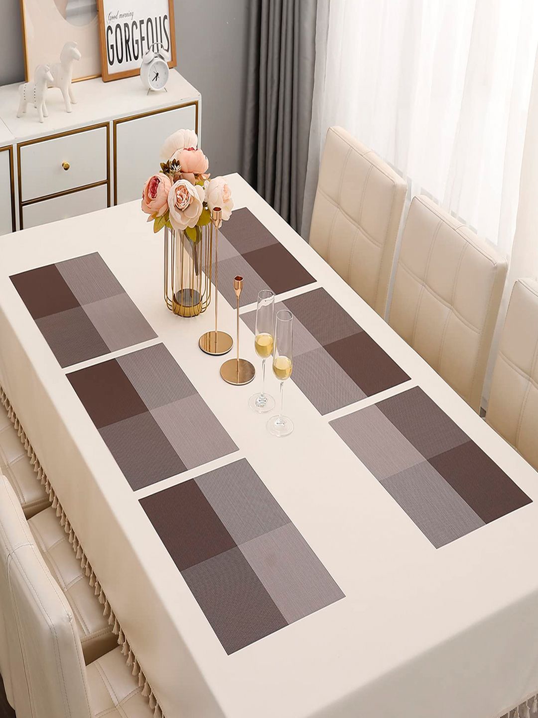 HOKIPO Grey Set Of 6 Brown & White Geometric Reversible Table PVC Placemats