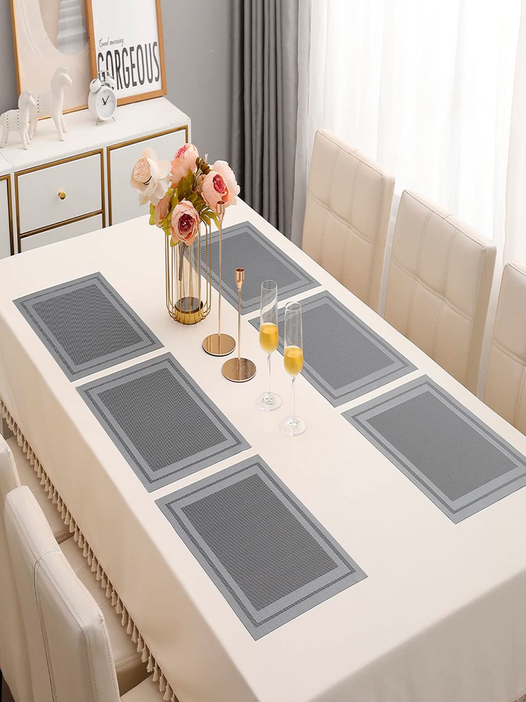 HOKIPO Brown 5 Pieces Silver-Toned Table PVC Washable Placemats with Runner