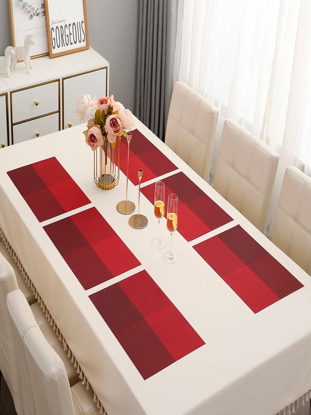 HOKIPO Set Of 6 Brown & Red Geometric Heat Resistant Table Placemats