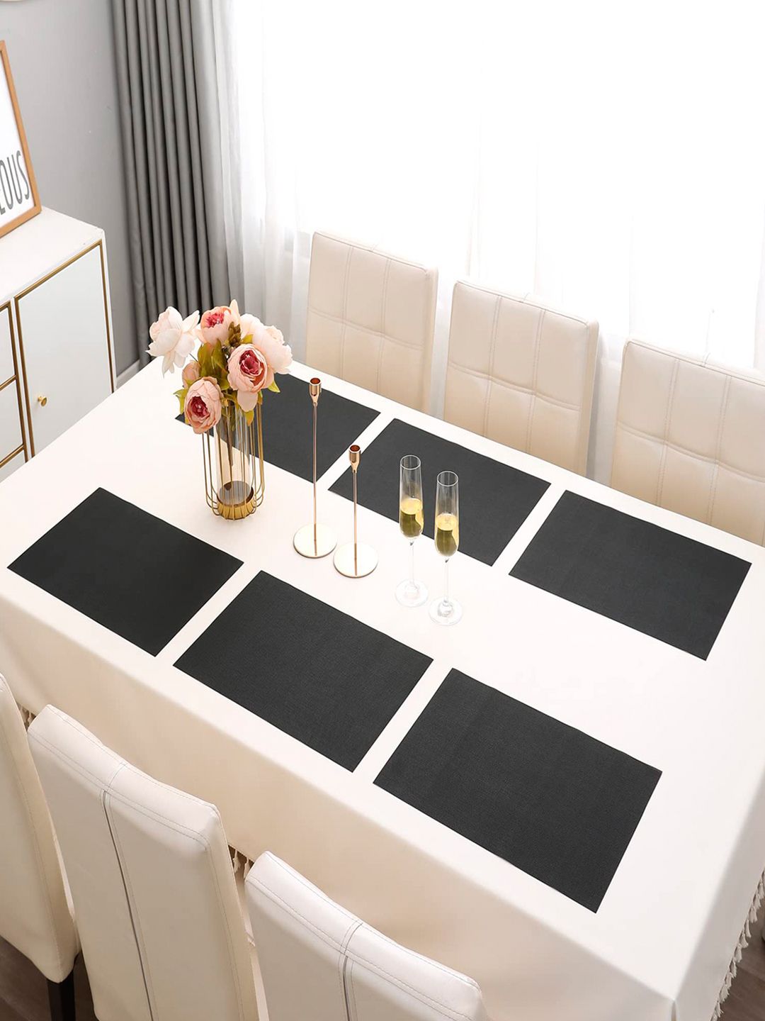 HOKIPO Set Of 6 Black Solid Heat Resistant Dinner Table Placemats