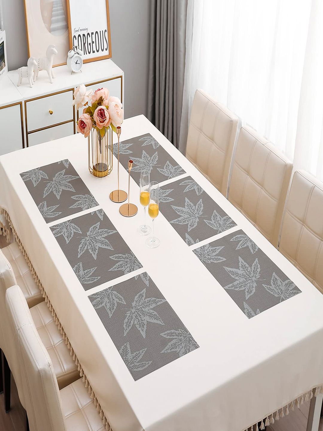 HOKIPO Set Of 6 Grey & White Floral Heat Resistant Dinner Table Placemats