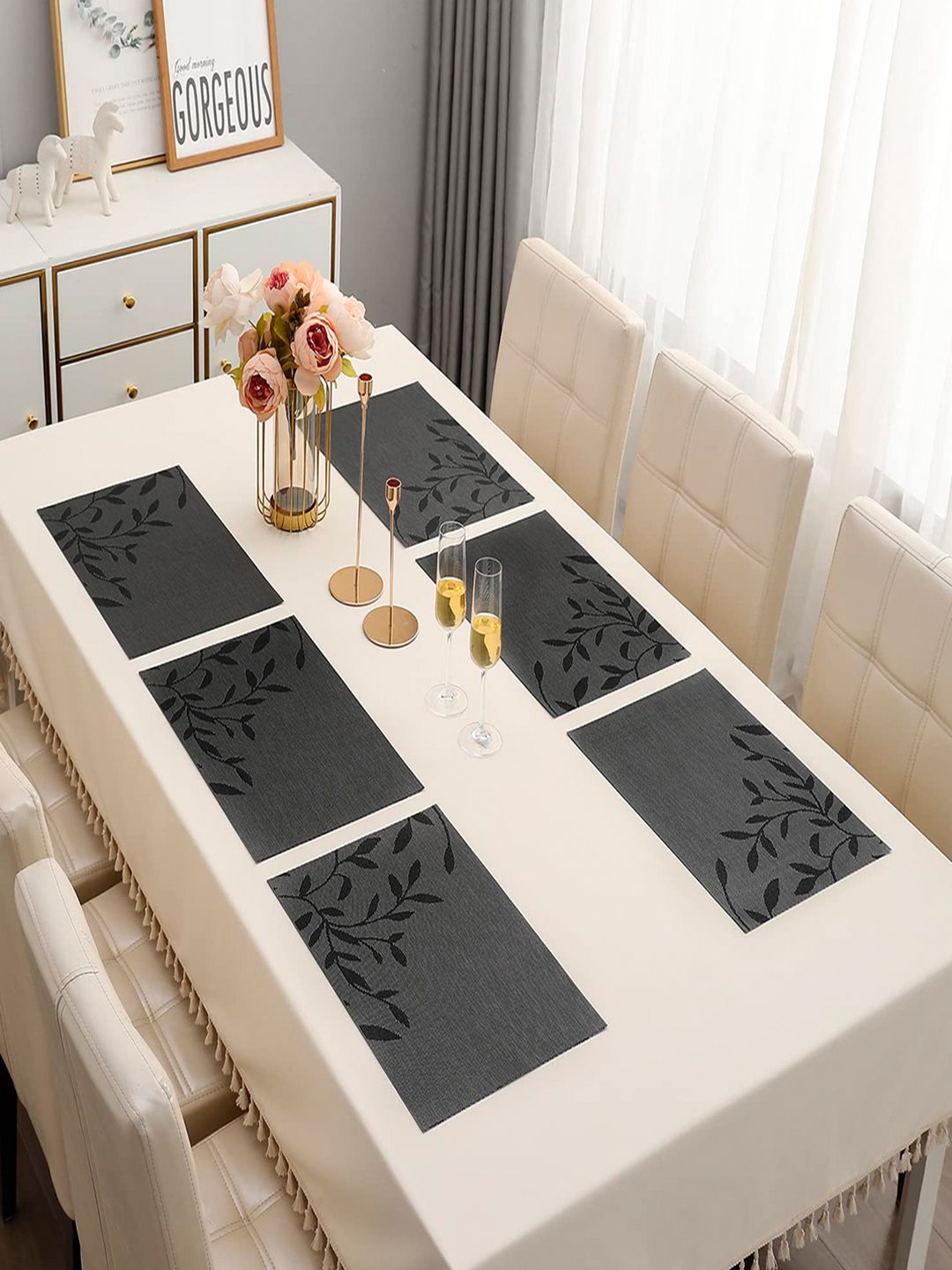HOKIPO White Set Of 6 Black Floral Washable Table PVC Placemats