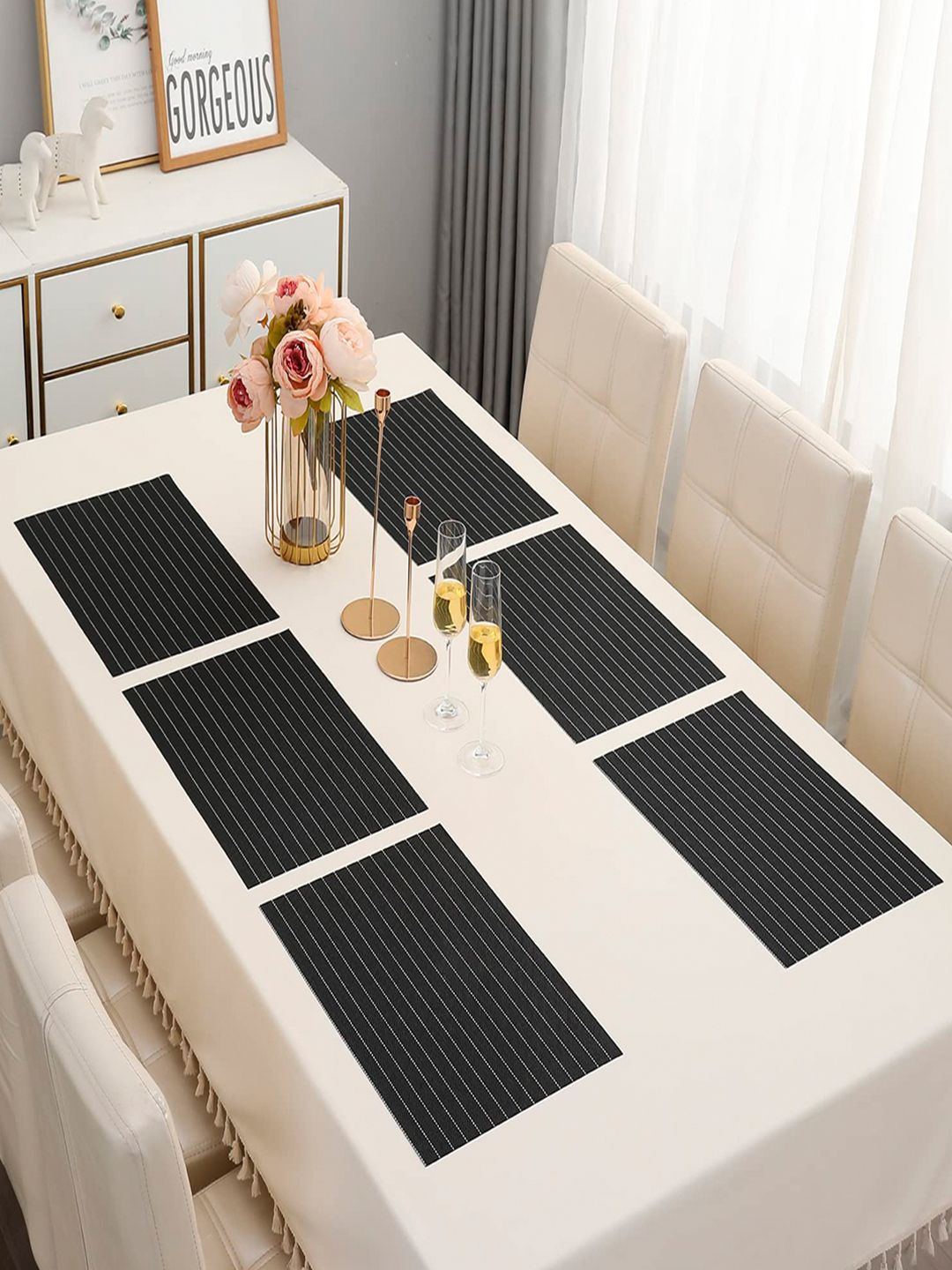 HOKIPO Set Of 6 Black & White Striped Washable Table Placemats