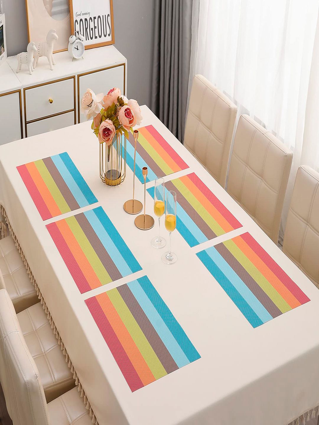HOKIPO Set Of 6 Multicoloured Striped Heat Resistant Table Placemats
