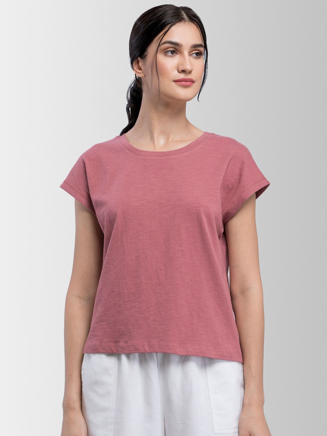 FableStreet Women Pink Solid Round Neck T-shirt