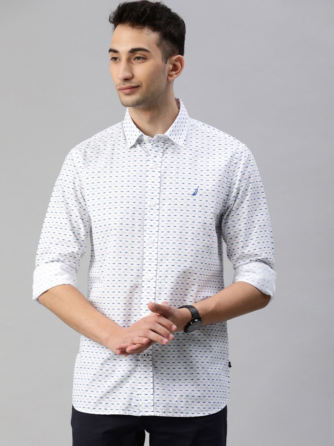 Nautica Men White & Blue Slim Fit Printed Casual Shirt