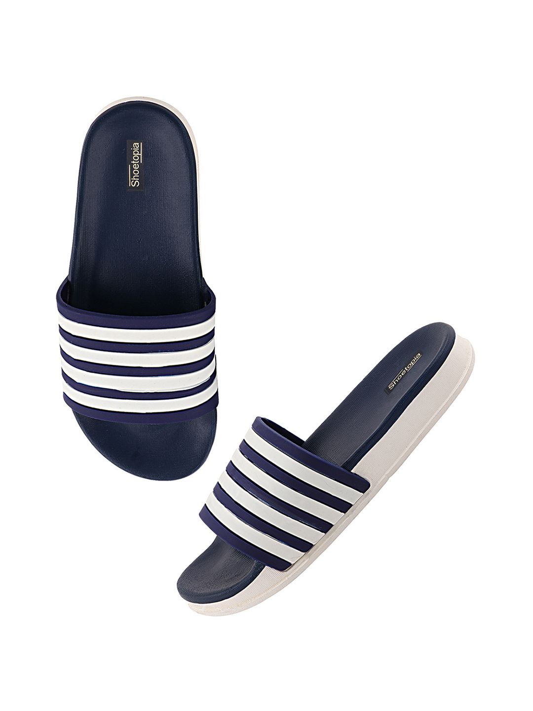 Shoetopia Women Navy Blue & White Striped Sliders Price in India