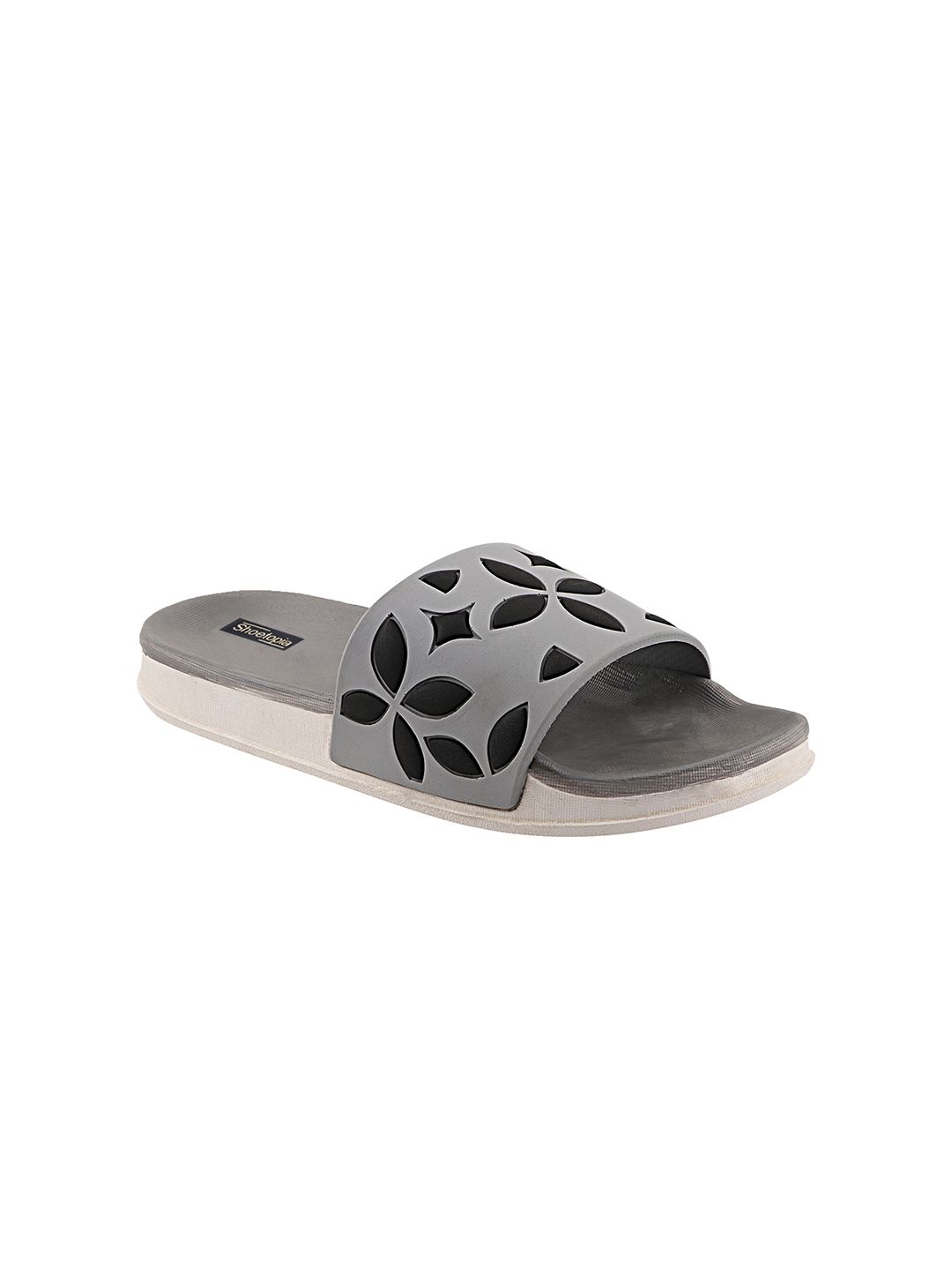 Shoetopia Women Grey & Black Laser Cut Sliders Price in India