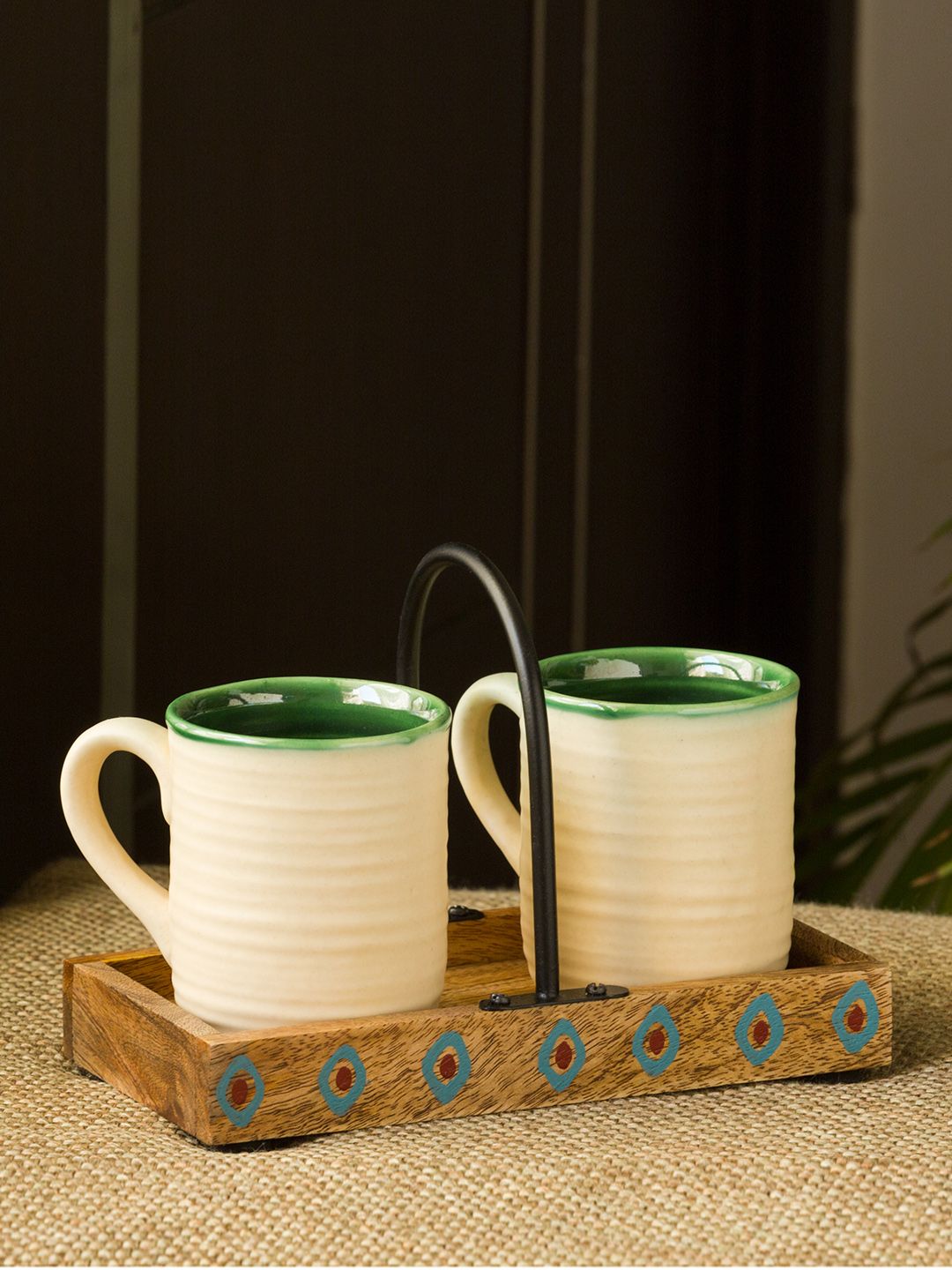 ExclusiveLane White Green 2-Pieces Solid Tea Coffee Cups with Wooden Tray Price in India