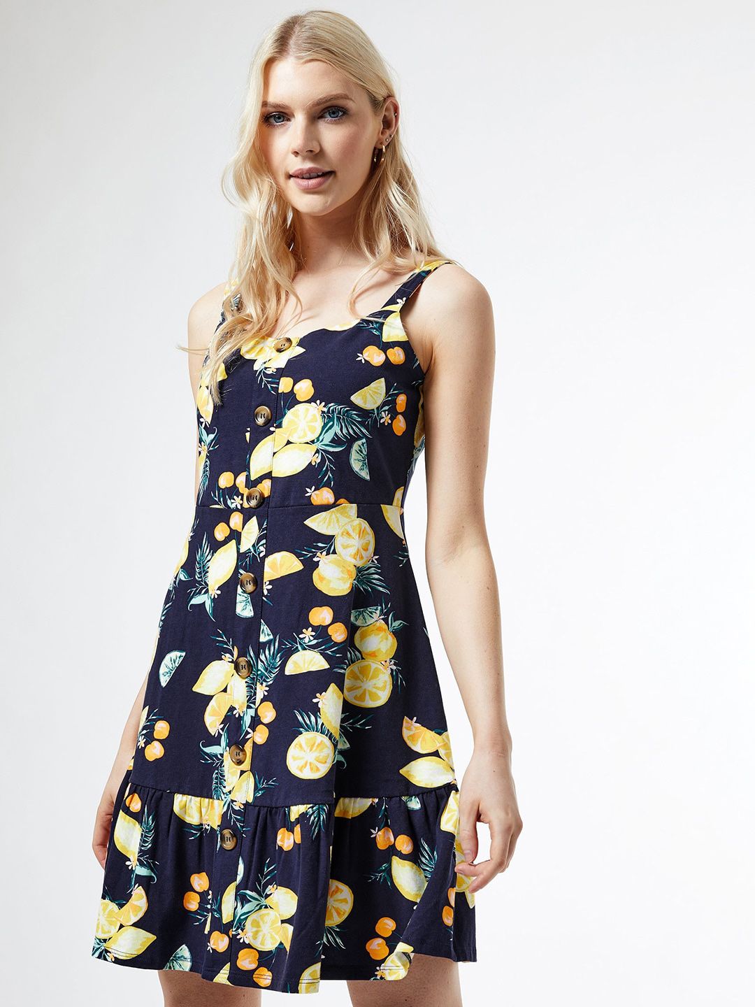 DOROTHY PERKINS Women Navy Blue & Yellow Lemon Printed A-Line Dress