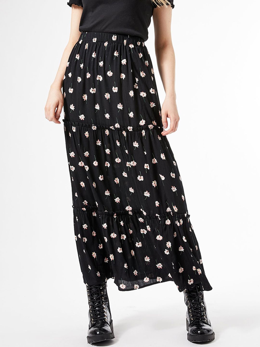 DOROTHY PERKINS Women Black & Off-White Floral Printed Tiered Maxi Flared Skirt