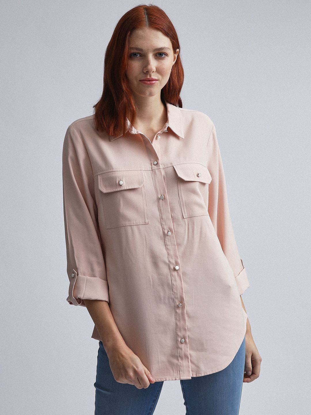 DOROTHY PERKINS Women Peach-Coloured Regular Fit Solid Casual Shirt