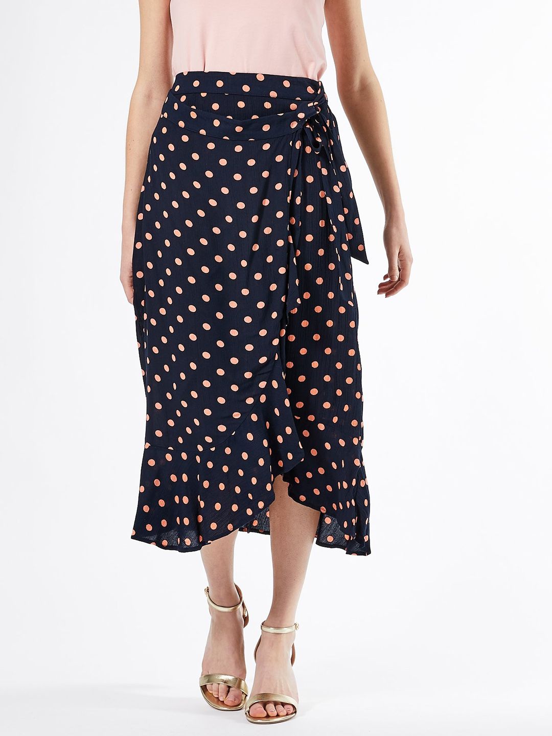 DOROTHY PERKINS Women Navy Blue & Peach-Coloured Polka Dot Printed Wrap Skirt