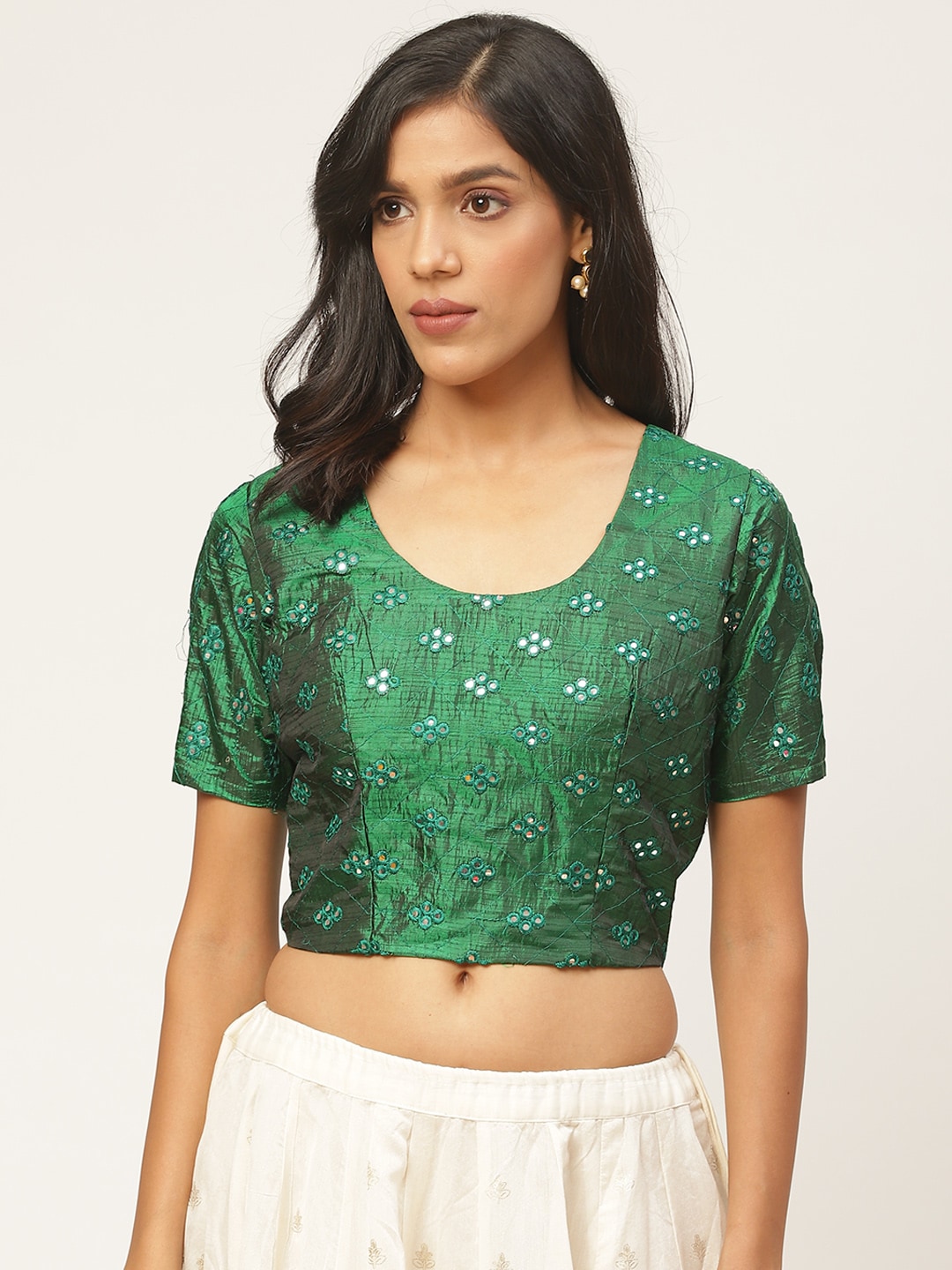 Shaily Women Green Mirror-Work Embroidered Saree Blouse Price in India