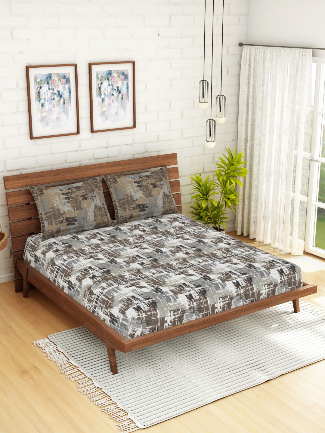 SPACES Brown Abstract 144 TC Cotton 1 Queen Bedsheet with 2 Pillow Covers Price in India