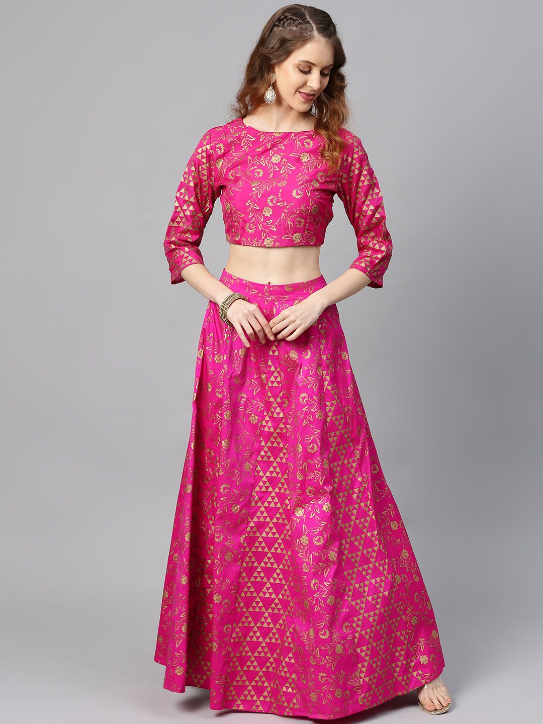 Juniper Fuchsia & Golden Foil Print Ready to Wear Lehenga with Blouse