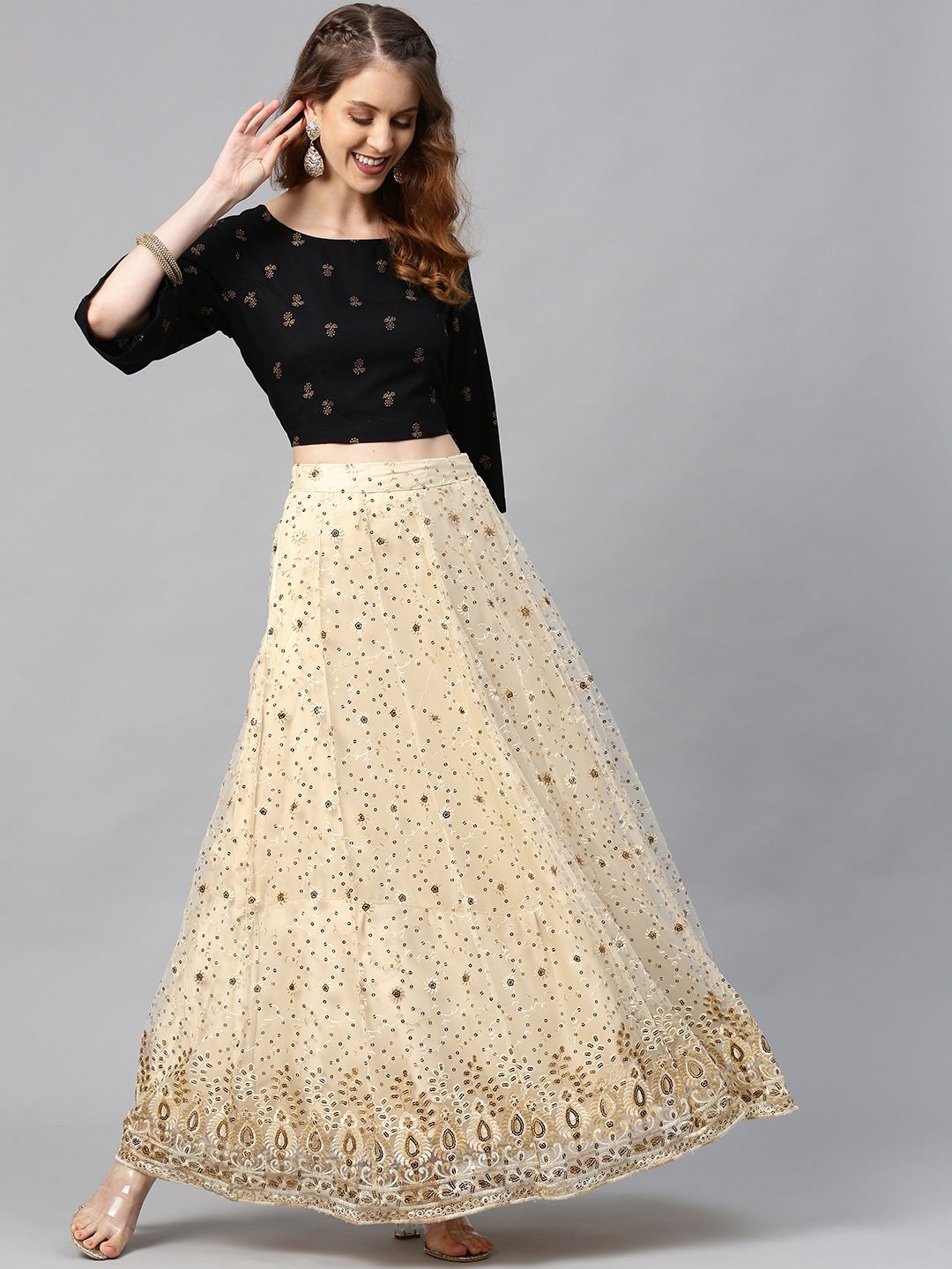 Juniper Beige & Black Ready to Wear Lehenga with Blouse Price in India