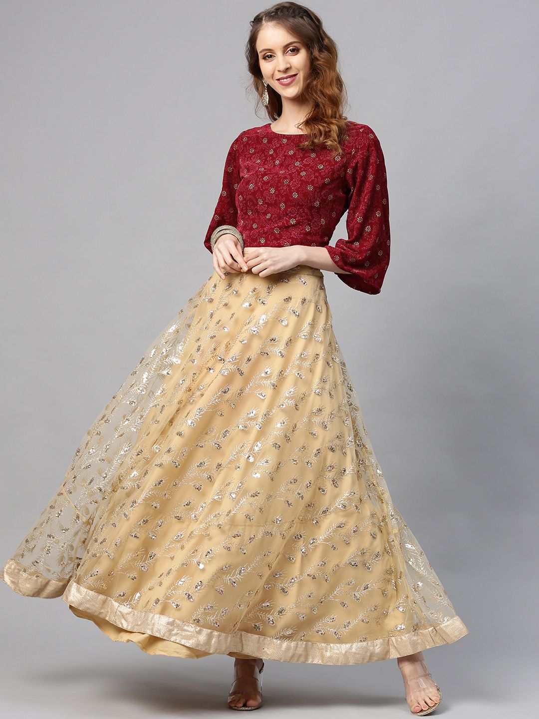 Juniper Beige & Maroon Foil Print Ready to Wear Lehenga with Blouse