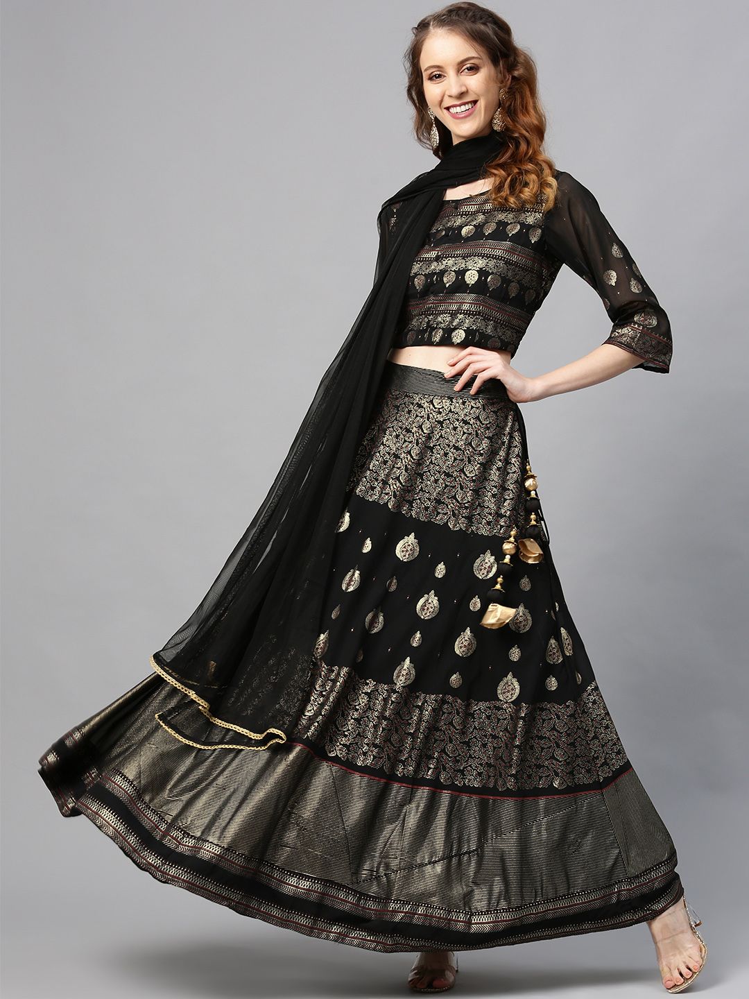 Juniper Black & Golden Foil Print Ready to Wear Lehenga & Blouse with Dupatta