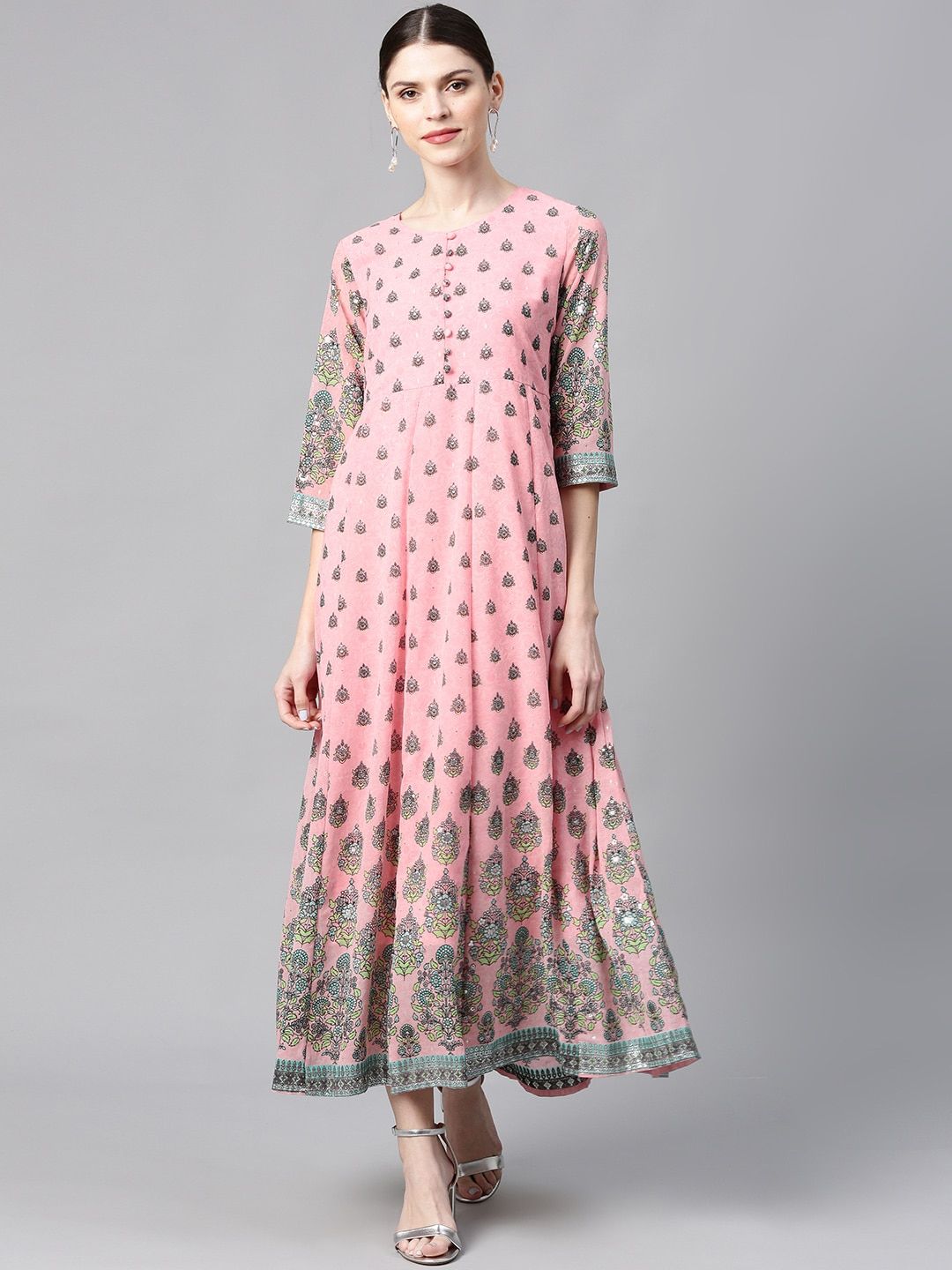 Juniper Women Pink & Green Printed Maxi Dress Price in India