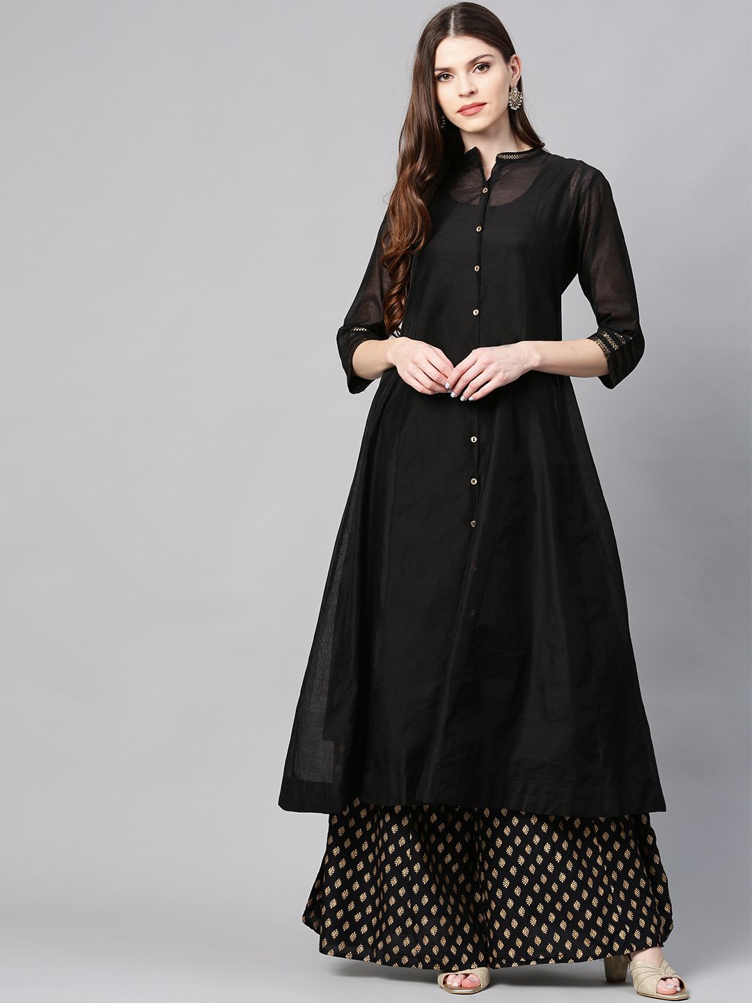 Juniper Women Black Solid Layered Anarkali Kurta Price in India